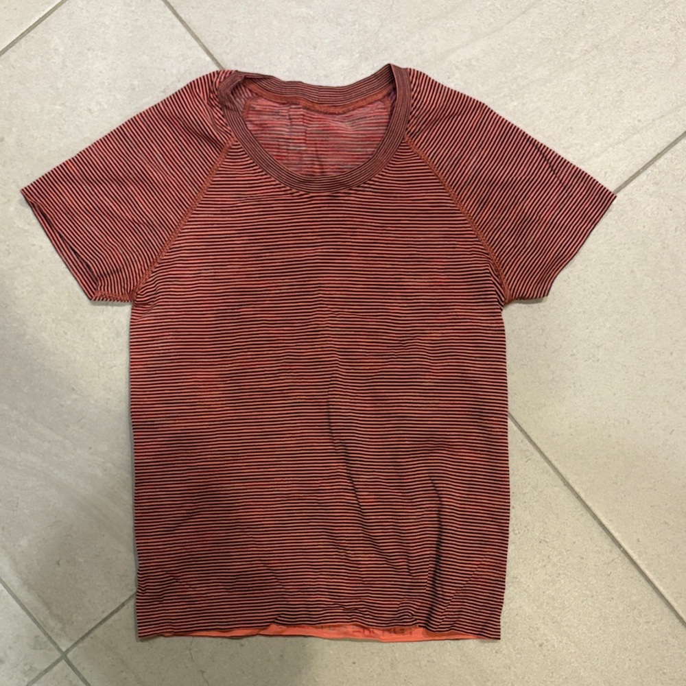 lululemon athletica Red Striped Short Sleeve Tee
